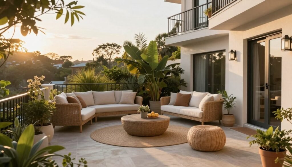 Transformed apartment patio showing a personalized outdoor retreat that combines multiple ideas from the article into a cohesive, inviting space