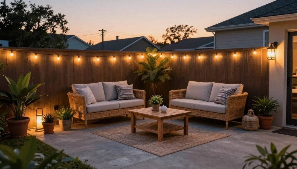 Transformed budget back patio with DIY elements and string lights at sunset Transformed budget back patio with DIY elements and string lights at sunset