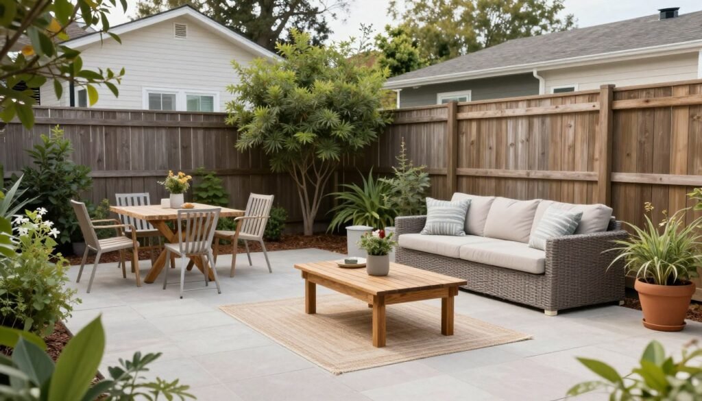 Transformed budget backyard with multiple DIY elements creating a cohesive outdoor retreat