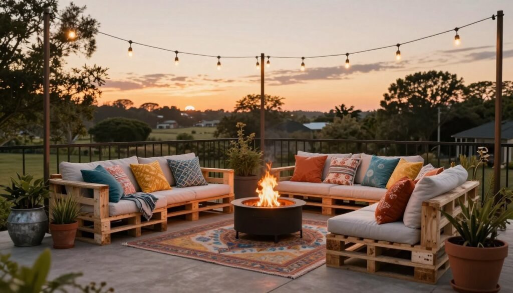 Transformed budget patio at sunset showing a combination of DIY elements including pallet furniture, string lights, potted plants, and an outdoor rug