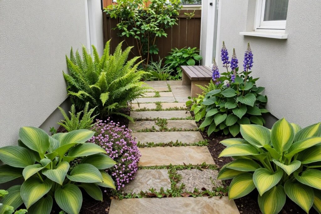 Transformed side yard with stepping stones, shade-tolerant plants, and decorative elements creating a garden path Transformed side yard with stepping stones, shade-tolerant plants, and decorative elements creating a garden path