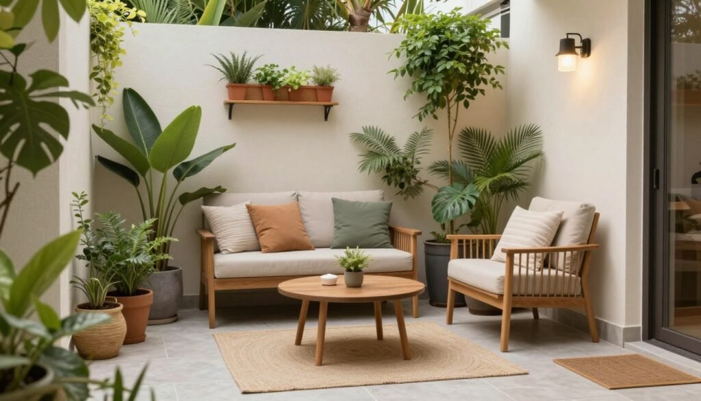 Transformed small patio showing before and after with multiple decorating ideas implemented