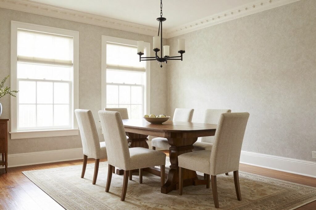Transitional formal dining room blending traditional table with modern chairs and updated lighting