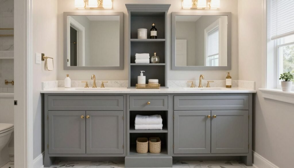 Transitional style double vanity with center tower blending traditional and contemporary elements