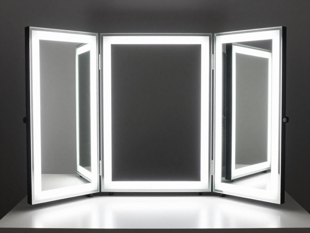 Tri-fold vanity mirror showing multiple angle views with LED lighting