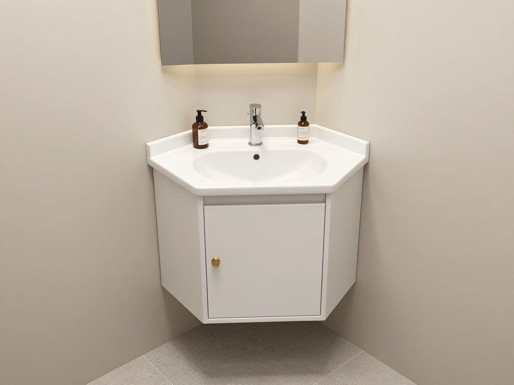 Triangular corner bathroom vanity with small sink and storage cabinet underneath