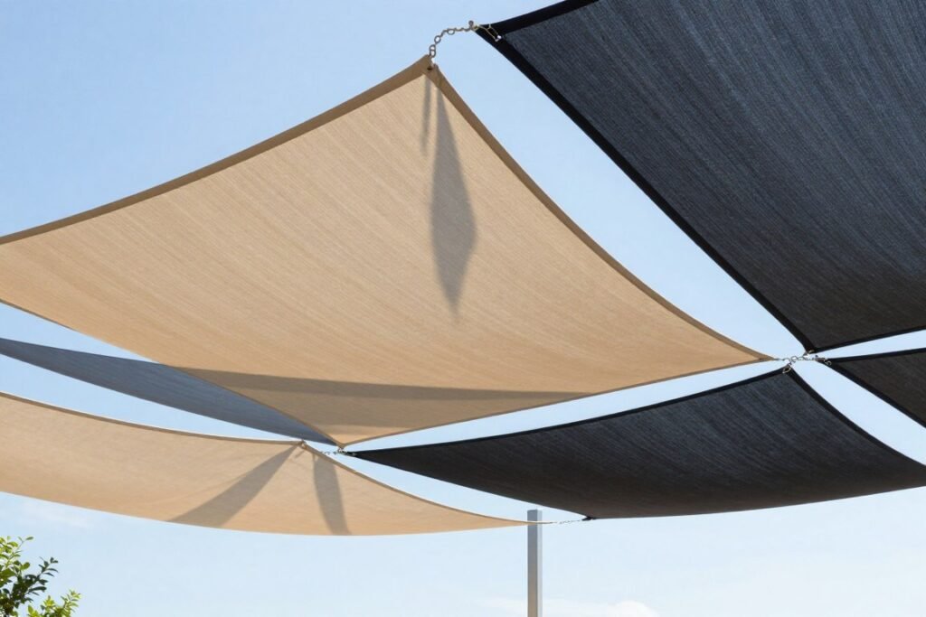 Triangular sail shades in overlapping arrangement providing stylish shade in a cozy backyard