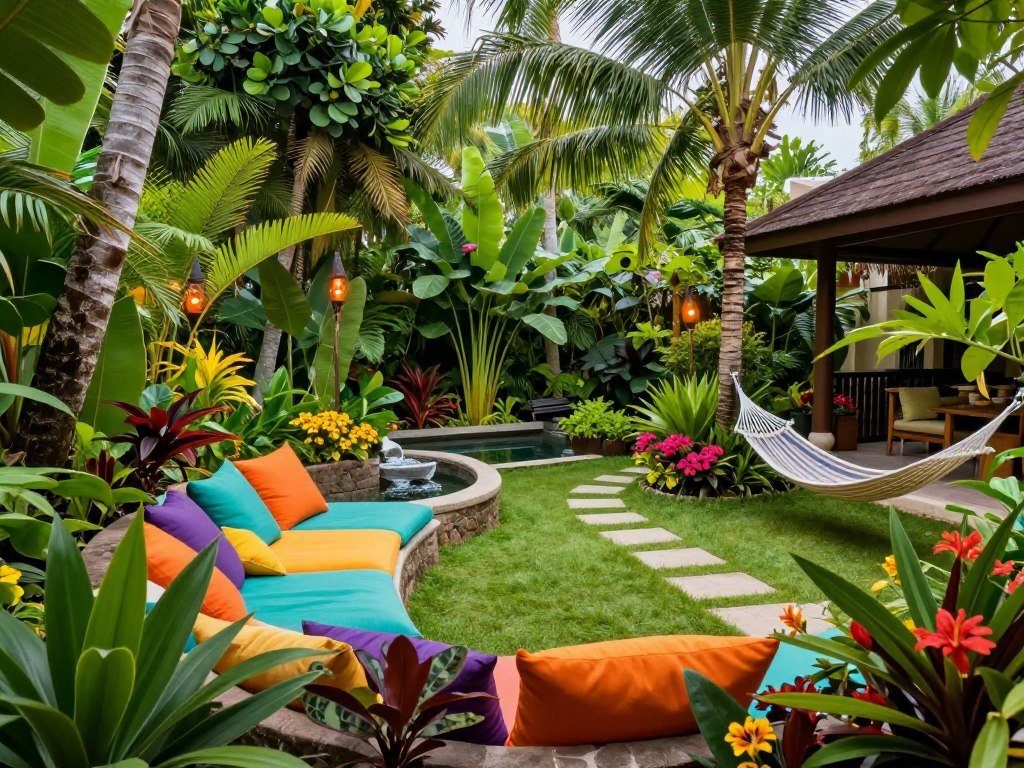 Tropical dream backyard with lush plants and vibrant colors
