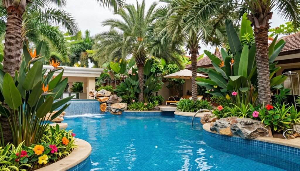 Tropical landscaping around pool with palm trees, colorful flowers, and lush foliage creating a resort-like atmosphere