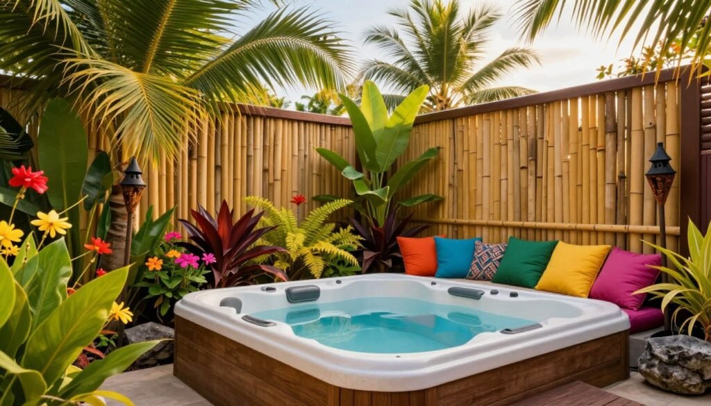 Tropical paradise hot tub surrounded by lush plants, colorful flowers, and bamboo privacy screens