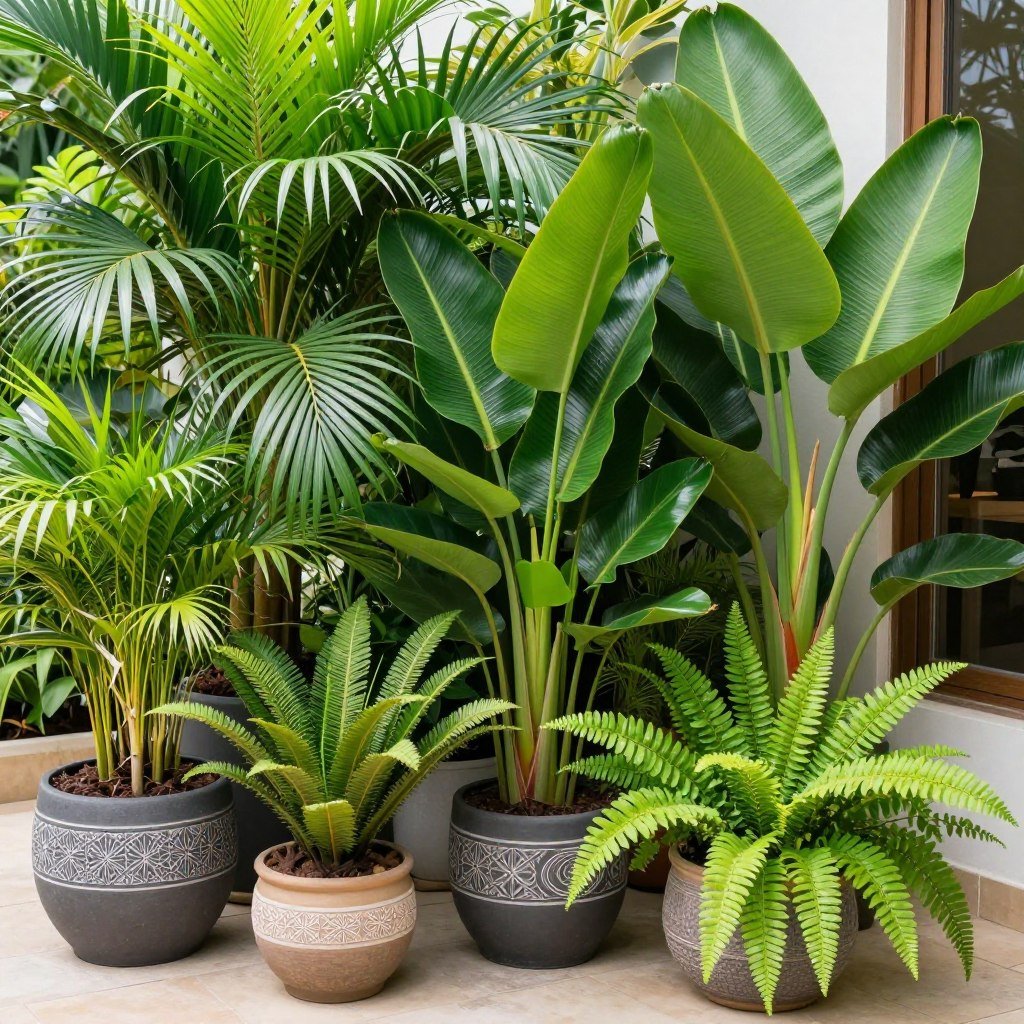 Tropical plants including palms, birds of paradise, and ferns