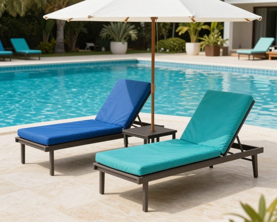 Two adjustable patio chaise lounges with side table beside a pool
