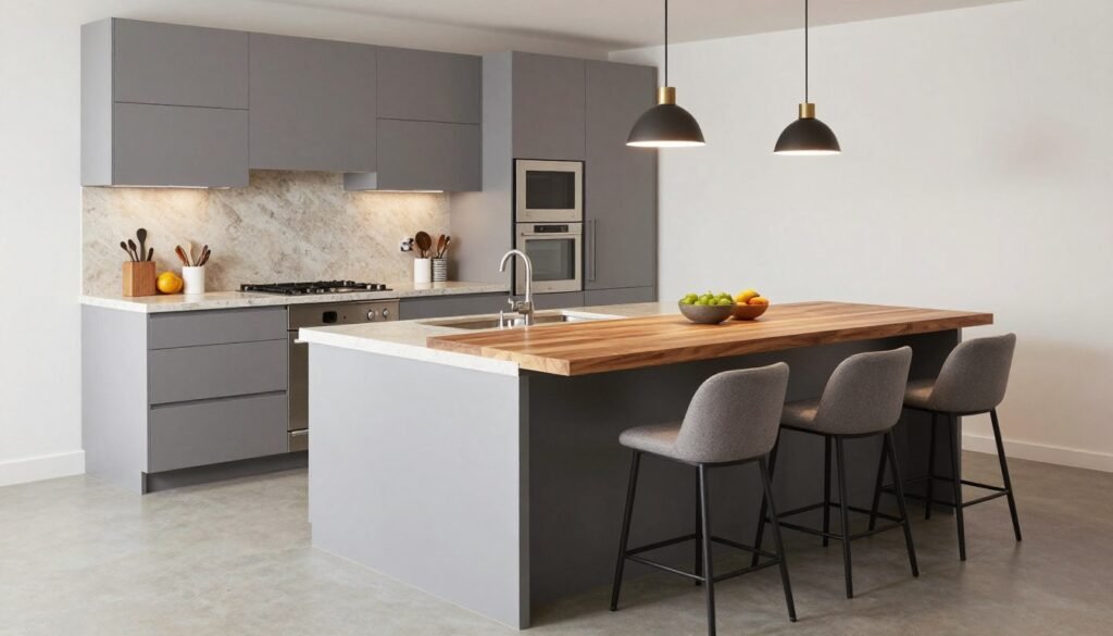 Two-tier kitchen island with cooking area and raised dining section