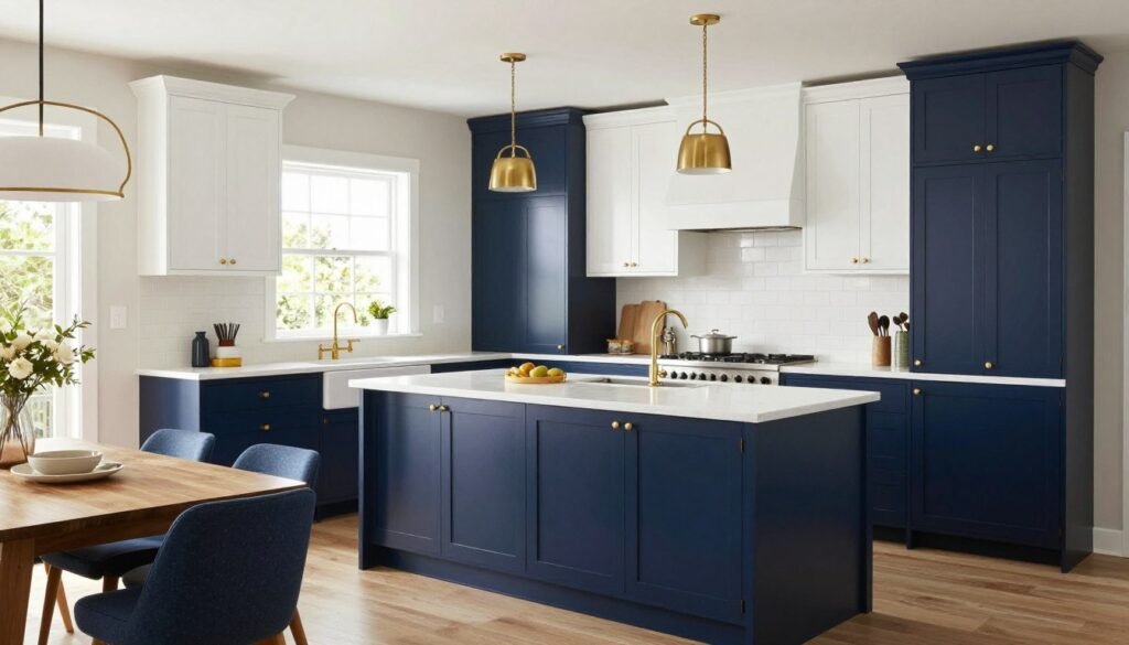 Two-tone kitchen with navy lower cabinets and white upper cabinets