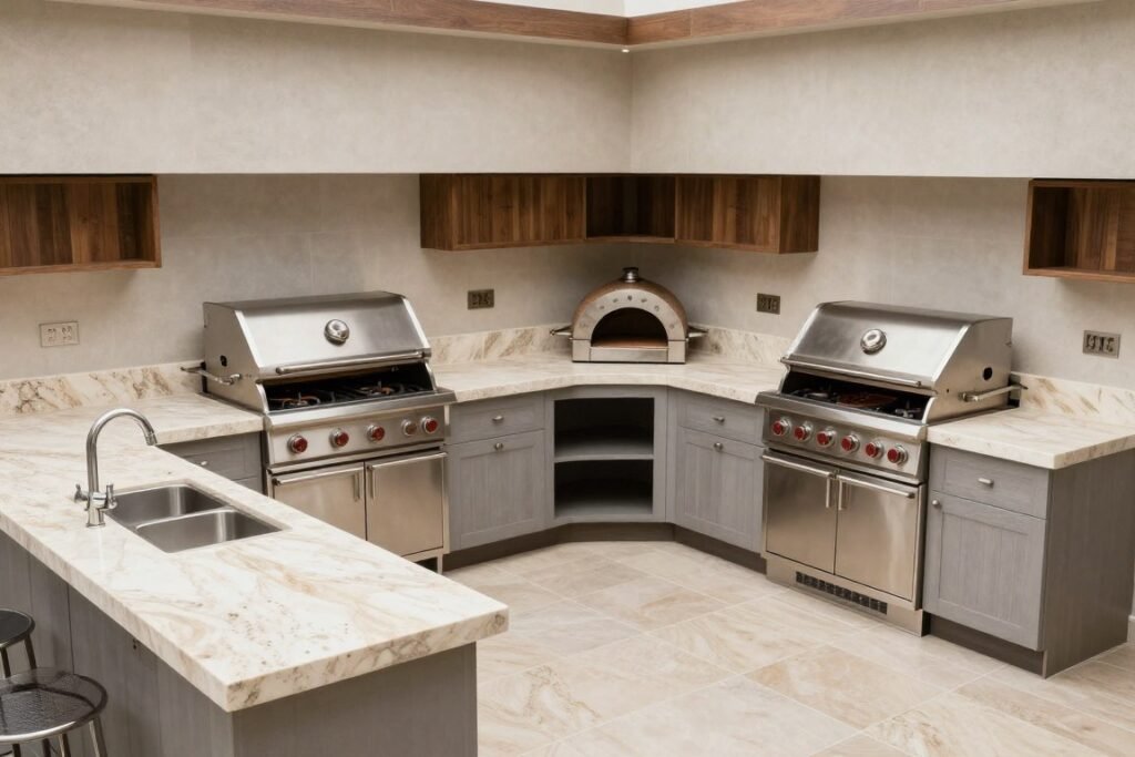 U-shaped backyard kitchen with multiple cooking zones and ample counter space
