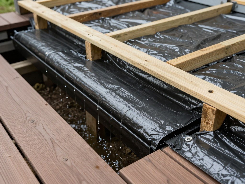 Under deck drainage system installation showing waterproofing membrane between joists directing water away from the patio area
