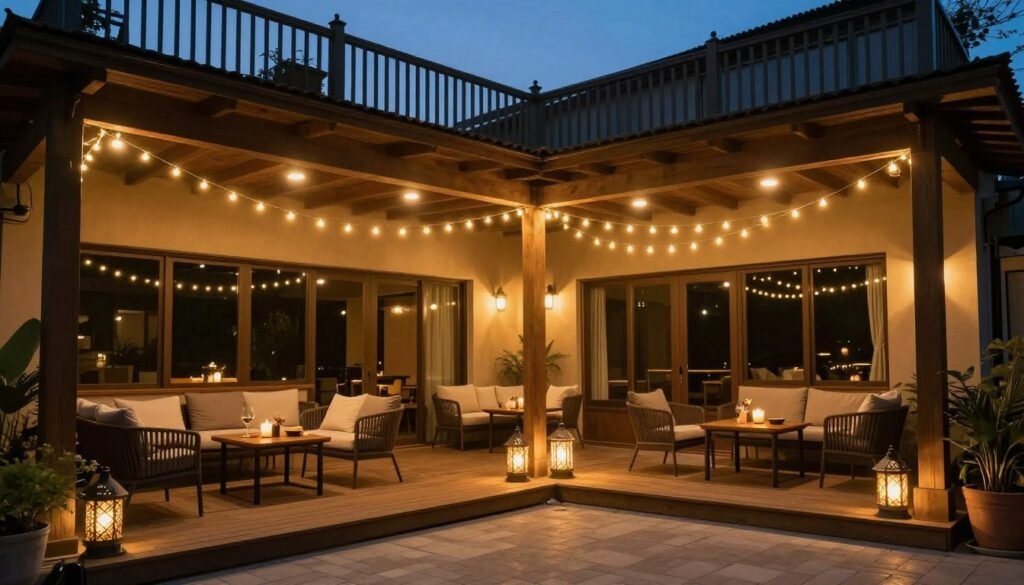Under deck patio at dusk with string lights, recessed ceiling lights, and lanterns creating a magical evening atmosphere