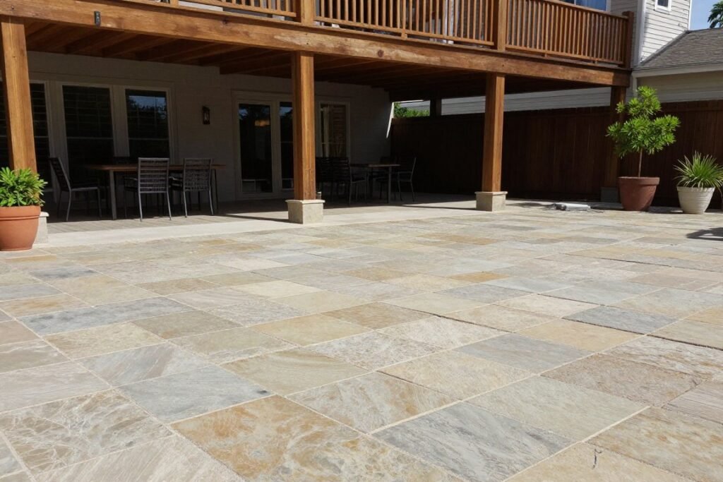 Under deck patio with beautiful stone pavers creating an elegant floor surface beneath a wooden deck structure