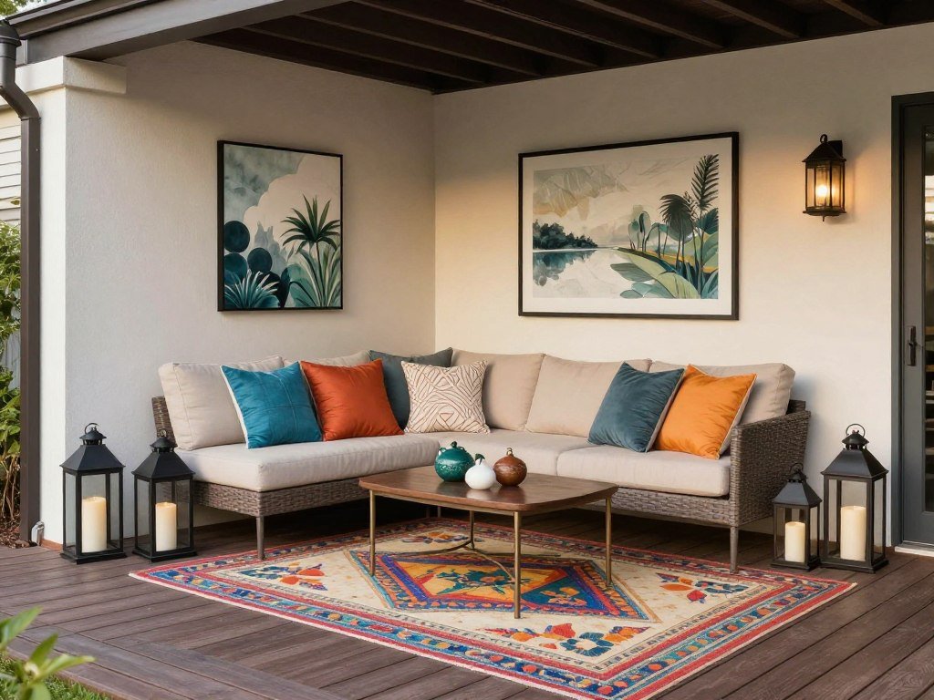 Under deck patio with decorative elements including outdoor rug, throw pillows, lanterns, and wall art creating a personalized outdoor room
