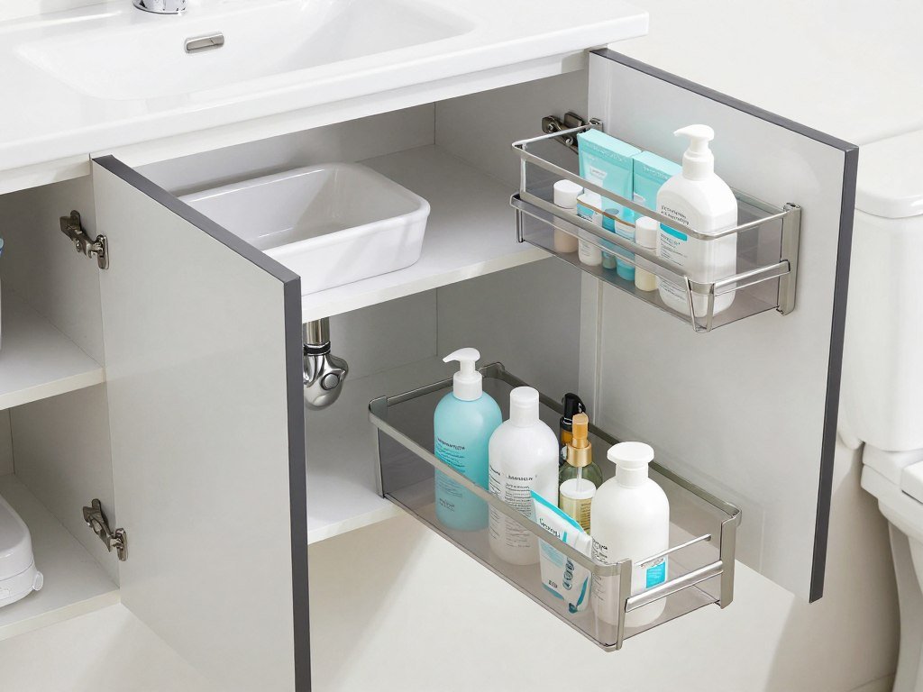 Under-sink bathroom cabinet with pull-out organizers and storage bins