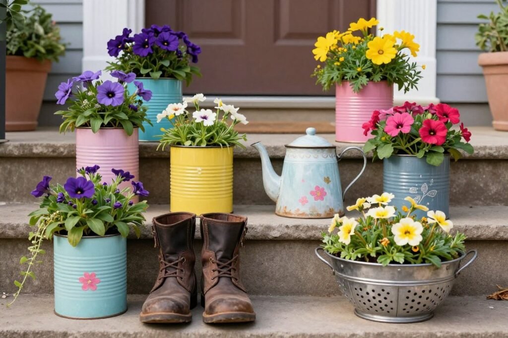 Upcycled planters including old boots, teapots, and tin cans with flowers