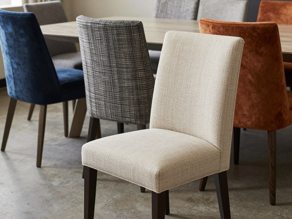 Upholstered dining chairs with various fabric textures and patterns