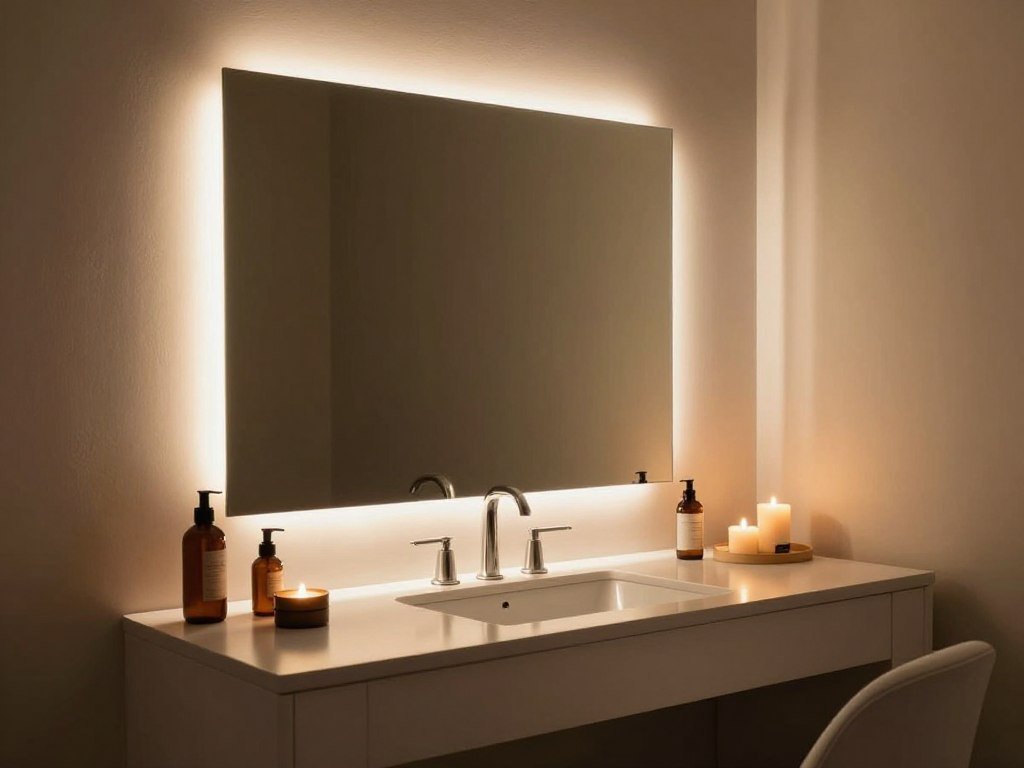 Vanity area at night showing ambient lighting creating a spa-like atmosphere