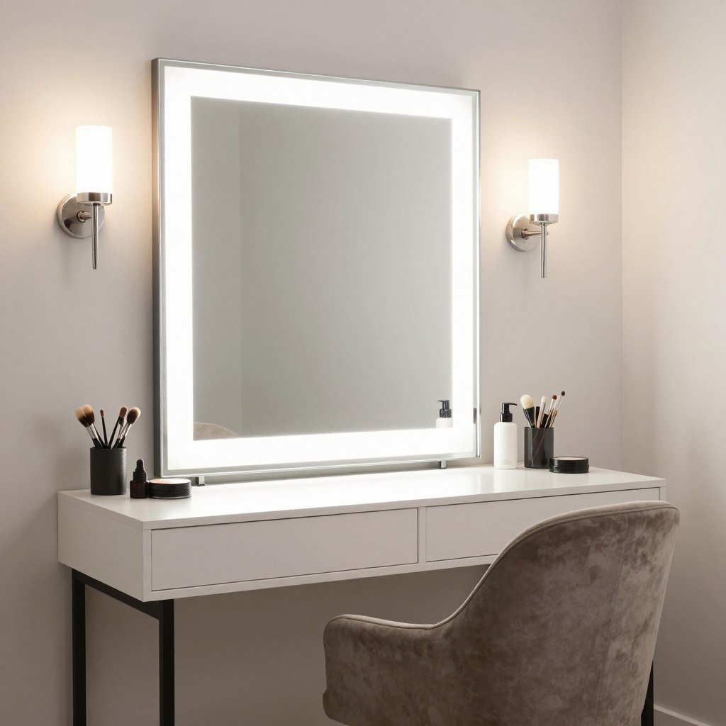 Vanity area with ideal lighting setup showing chair and mirror