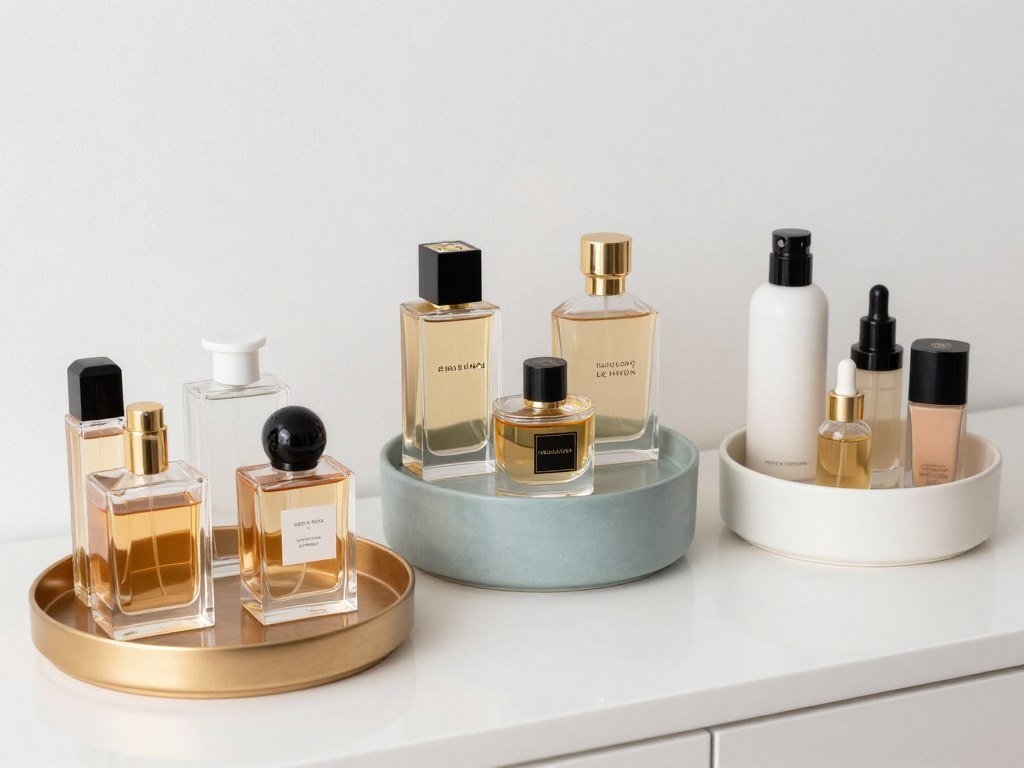 Vanity inspo featuring stylish display of perfume bottles and beauty products
