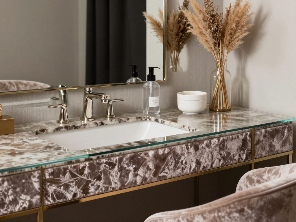Vanity inspo showing layered textures with velvet, glass, and metallics
