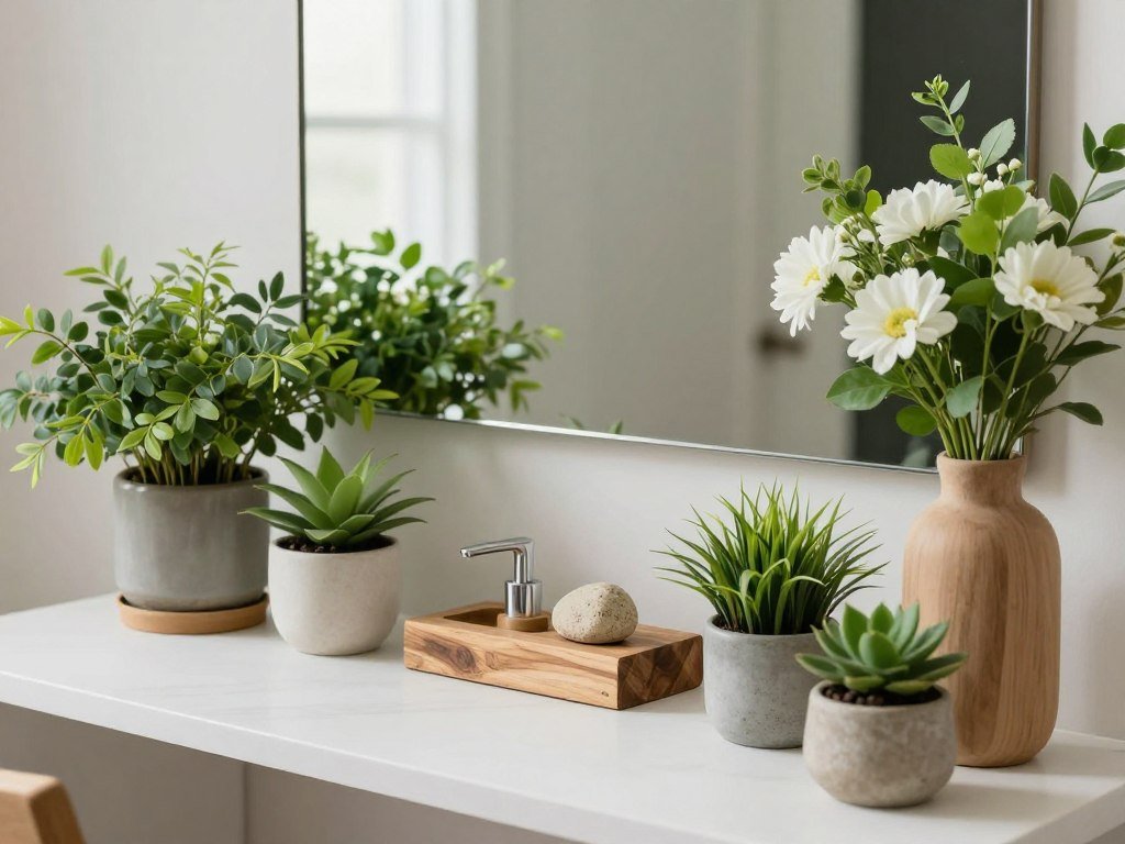 Vanity inspo with greenery and natural elements adding life to the space