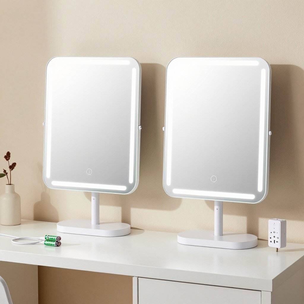 Vanity mirror power options including USB, battery, and plug-in
