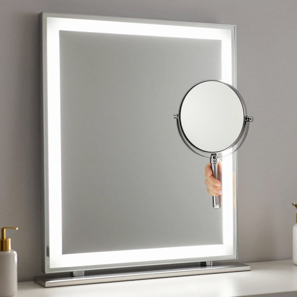 Vanity mirror with magnification feature showing detailed view