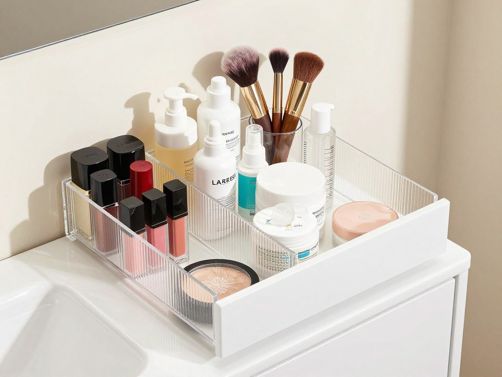 Vanity organizers maximizing storage in a small bathroom cabinet