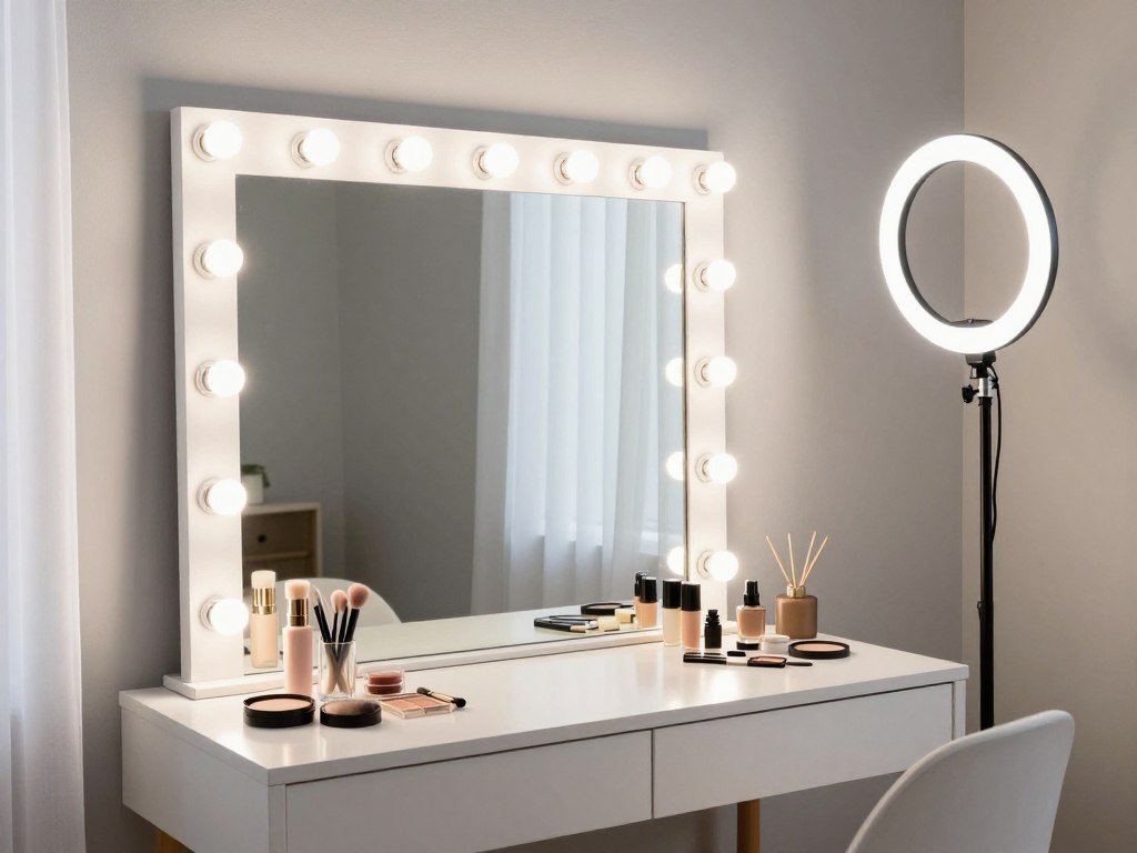Vanity room with perfect lighting setup including ring light and window light Vanity room with perfect lighting setup including ring light and window light