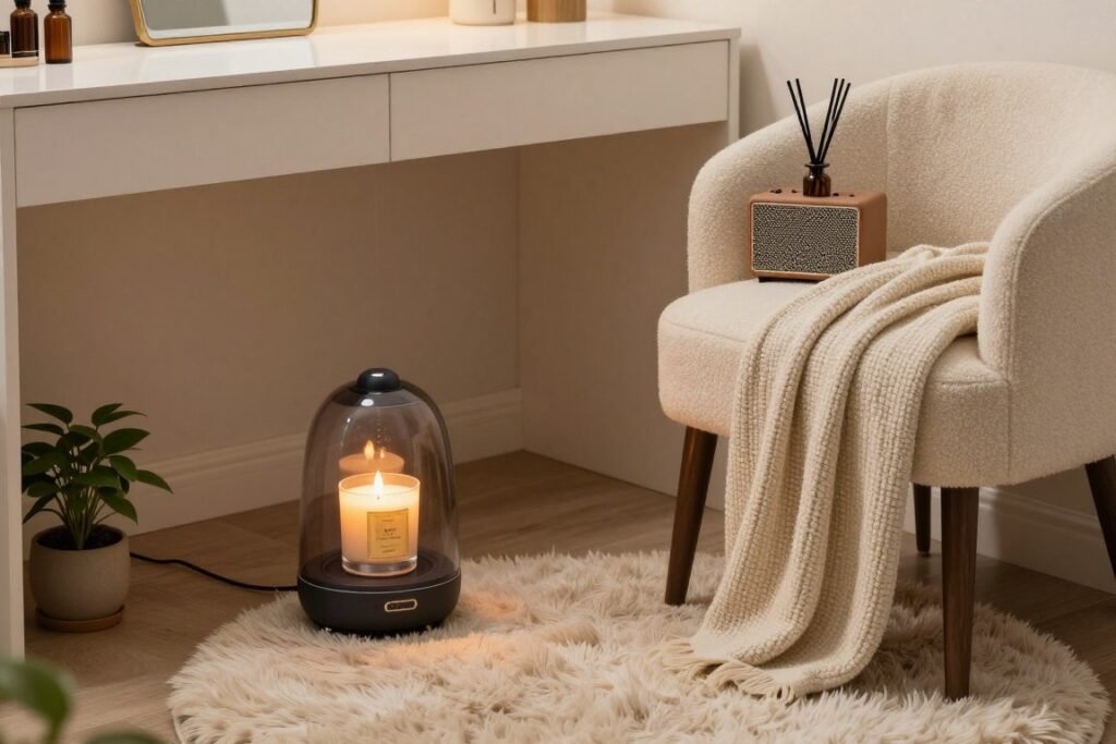 Vanity room with sensory elements like candles, diffuser, and soft textiles Vanity room with sensory elements like candles, diffuser, and soft textiles