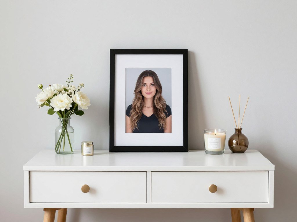 Vanity table with personal touches including framed photos, candles, and fresh flowers