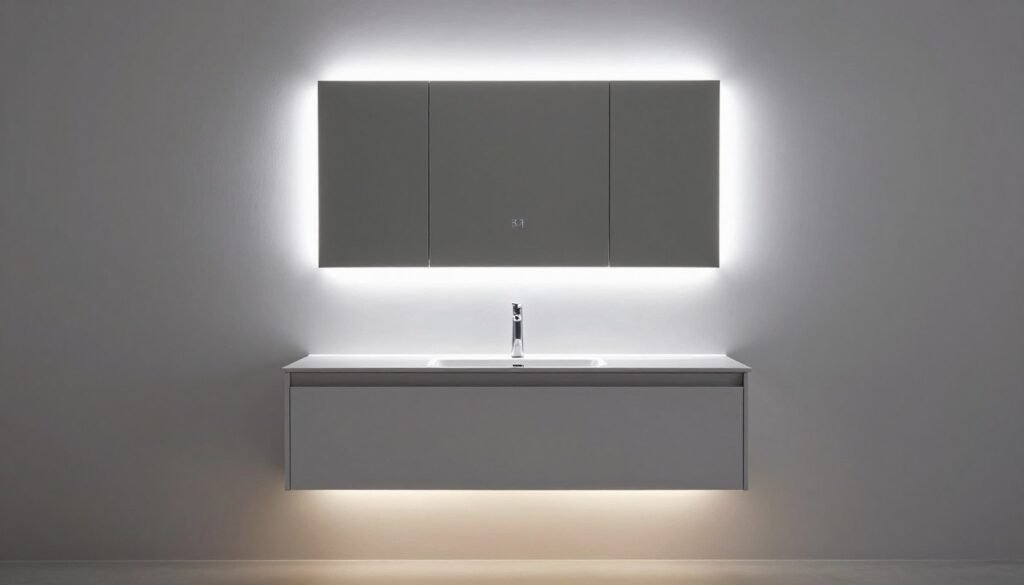 Vanity with LED strip lighting creating a modern glow around the mirror and under cabinets