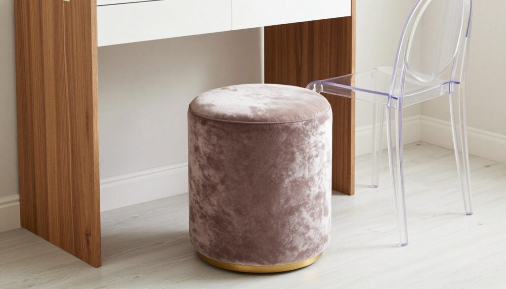 Vanity with a comfortable, stylish stool or chair that complements the overall design