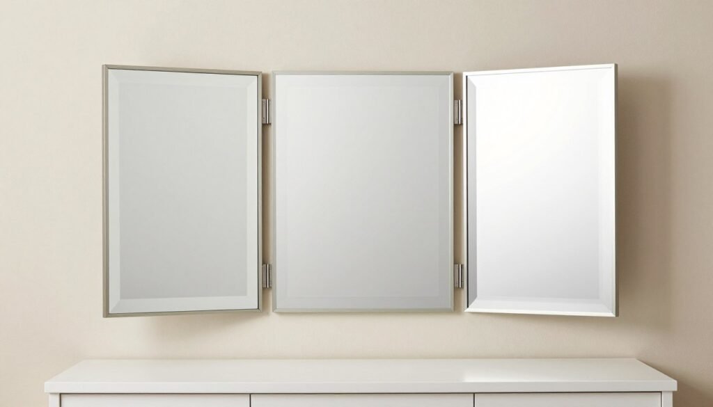 Vanity with a trio of mirrors creating an elegant and functional arrangement