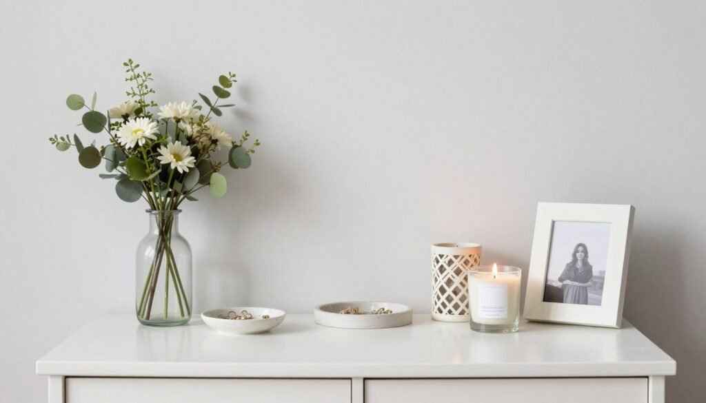 Vanity with carefully selected decorative accents like a small vase of flowers, candles, and personal items