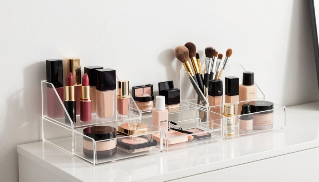 Vanity with clear acrylic organizers displaying makeup and skincare products neatly