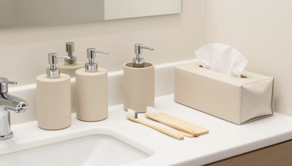Vanity with coordinated accessories like soap dispensers, toothbrush holders, and tissue boxes in matching finishes