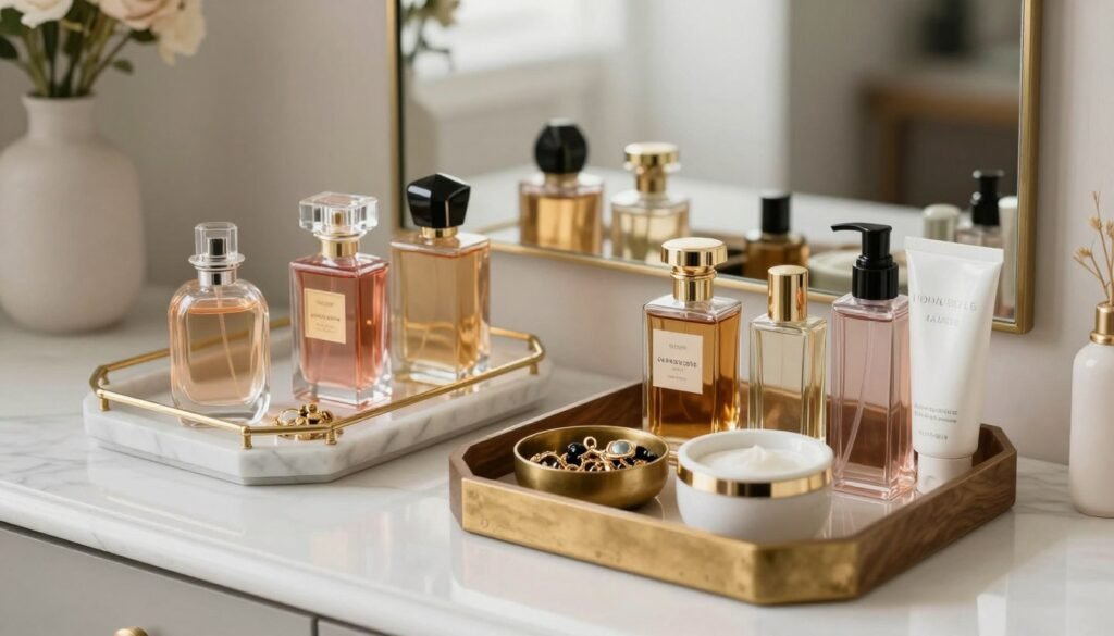 Vanity with decorative trays and containers grouping similar items into attractive displays