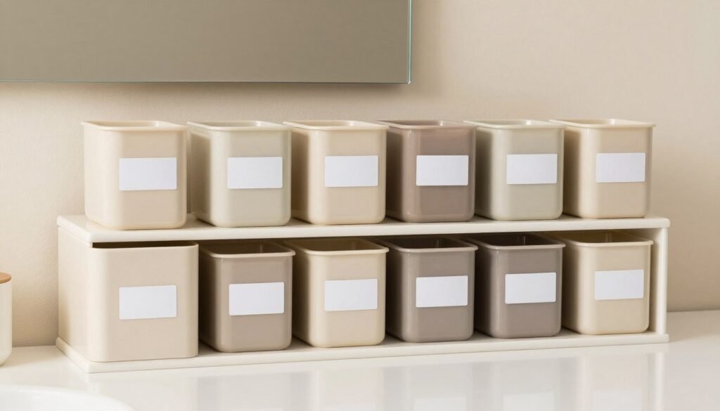 Vanity with labeled containers and a consistent color scheme creating a cohesive organized look