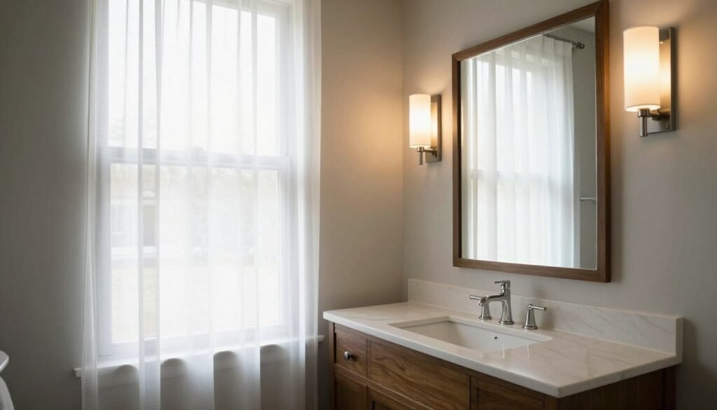 Vanity with natural lighting from a large window complemented by soft artificial lighting