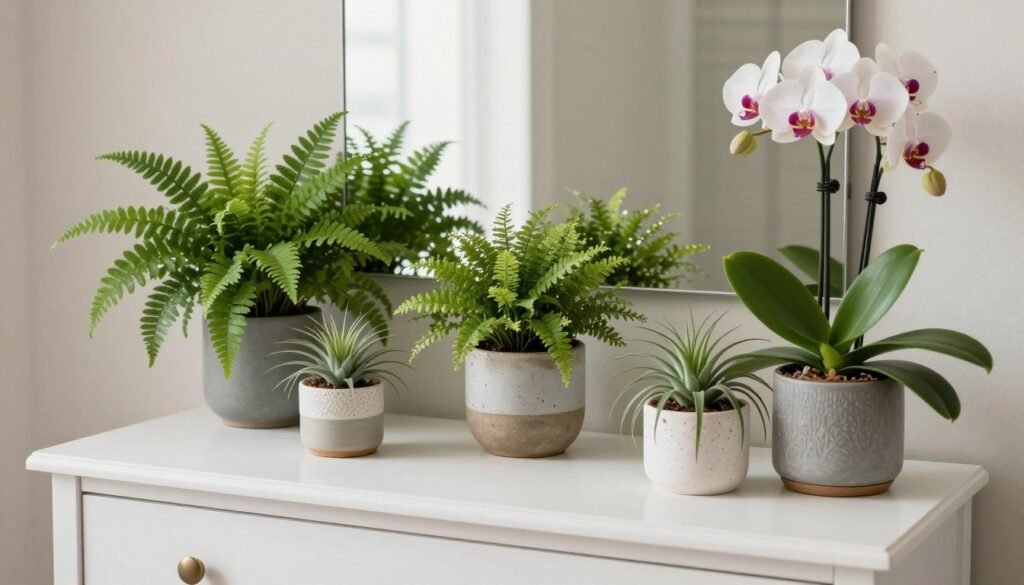 Vanity with small potted plants or fresh flowers adding life and color to the space