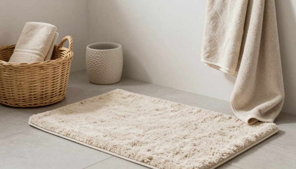Vanity with textural elements like a plush bath mat, textured towels, and natural materials adding warmth