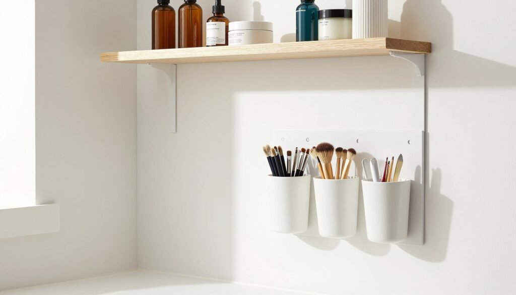 Vanity with vertical storage solutions utilizing wall space with shelves and hanging organizers