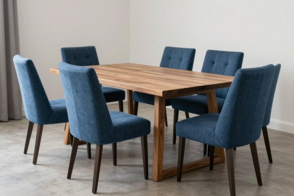 Various blue upholstered dining chairs around a wooden table